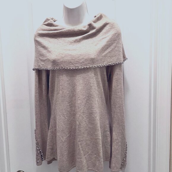 Colour Works-Women's Tan/Cream/Crystals/Beads/Studs Sweater-Off Shoulder-Festive - Picture 2 of 14